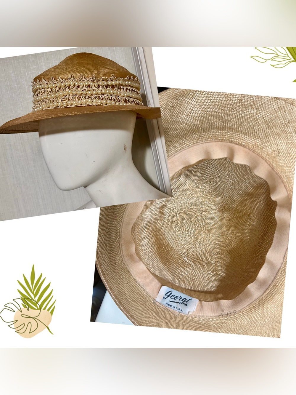 Vintage Georgi mid-century Straw Sun Hat in Tan with Decorative Band